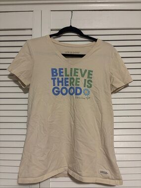 Life Is Good Cream V-Neck Tee with Blue & Green 'Believe There Is Good' Graphic
